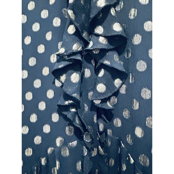 SALONI Navy Tilly Dress Womens Sz 6 Metallic Polka Dots Silk Ruffle Drop Waist - Picture 12 of 16